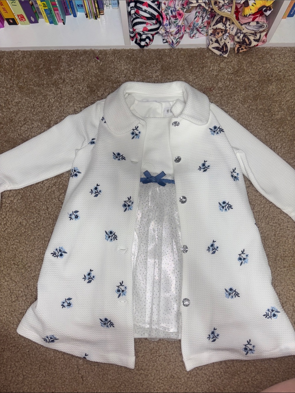 Girls White Knit Dress Coat with Navy Floral Embroidery